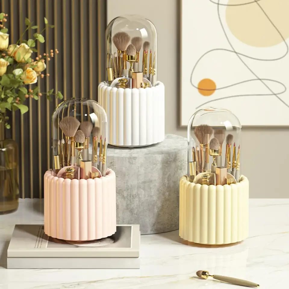 Makeup Brush Holder, 360 Rotating Cosmetic Storage Case with Dustproof Lid