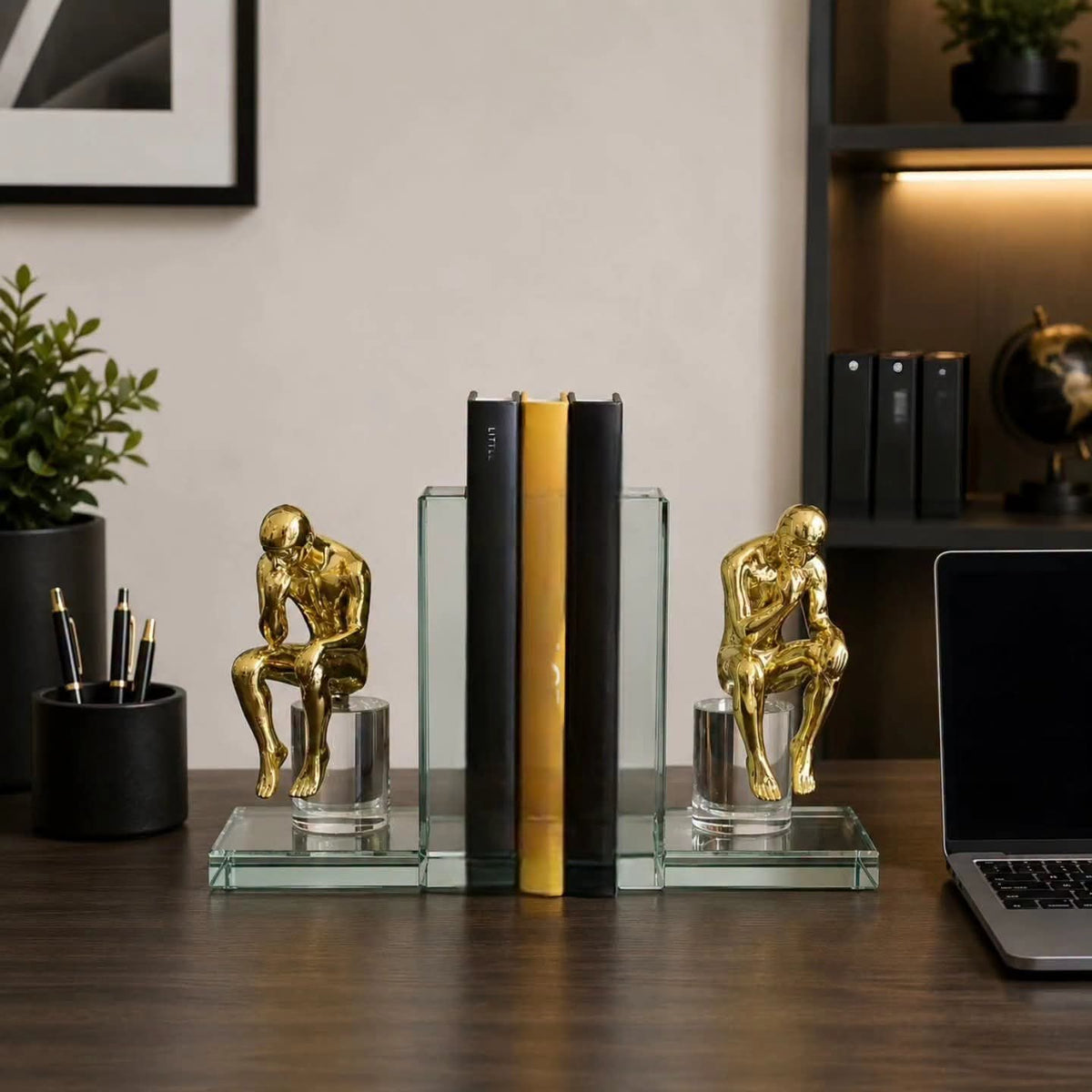 Gold thinking figure mirrored glass bookends, decorative book support set for shelves and desks -Brand(Gemelli Collection)