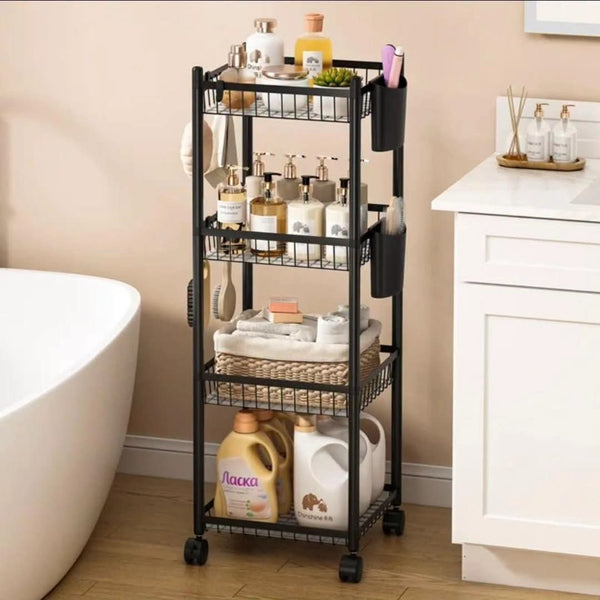 Gemelli Colllection 4 tier multifunctional storage rack with wheels durable metal organiser for fruits vegetables kitchen appliances pantry essentials toiletries and household storage space saving rolling rack available in black and white