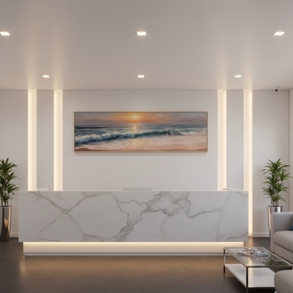 Framed Shore Landscape Printed Oil Painting Collection Featuring Hilly Shore, Sunset Shore, And Sunrise Shore Designs In Multiple Sizes
