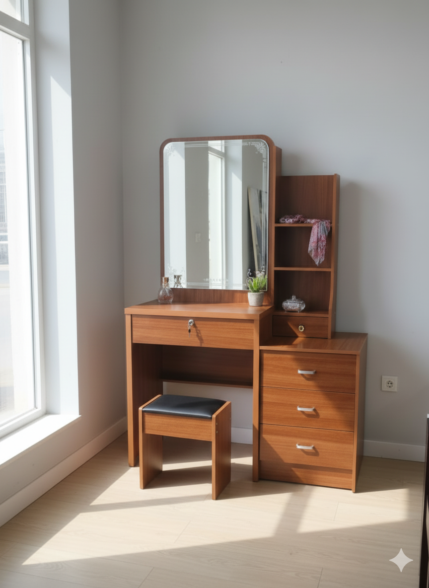 Dressing table with mirror and storage drawers for bedroom or dressing area use
