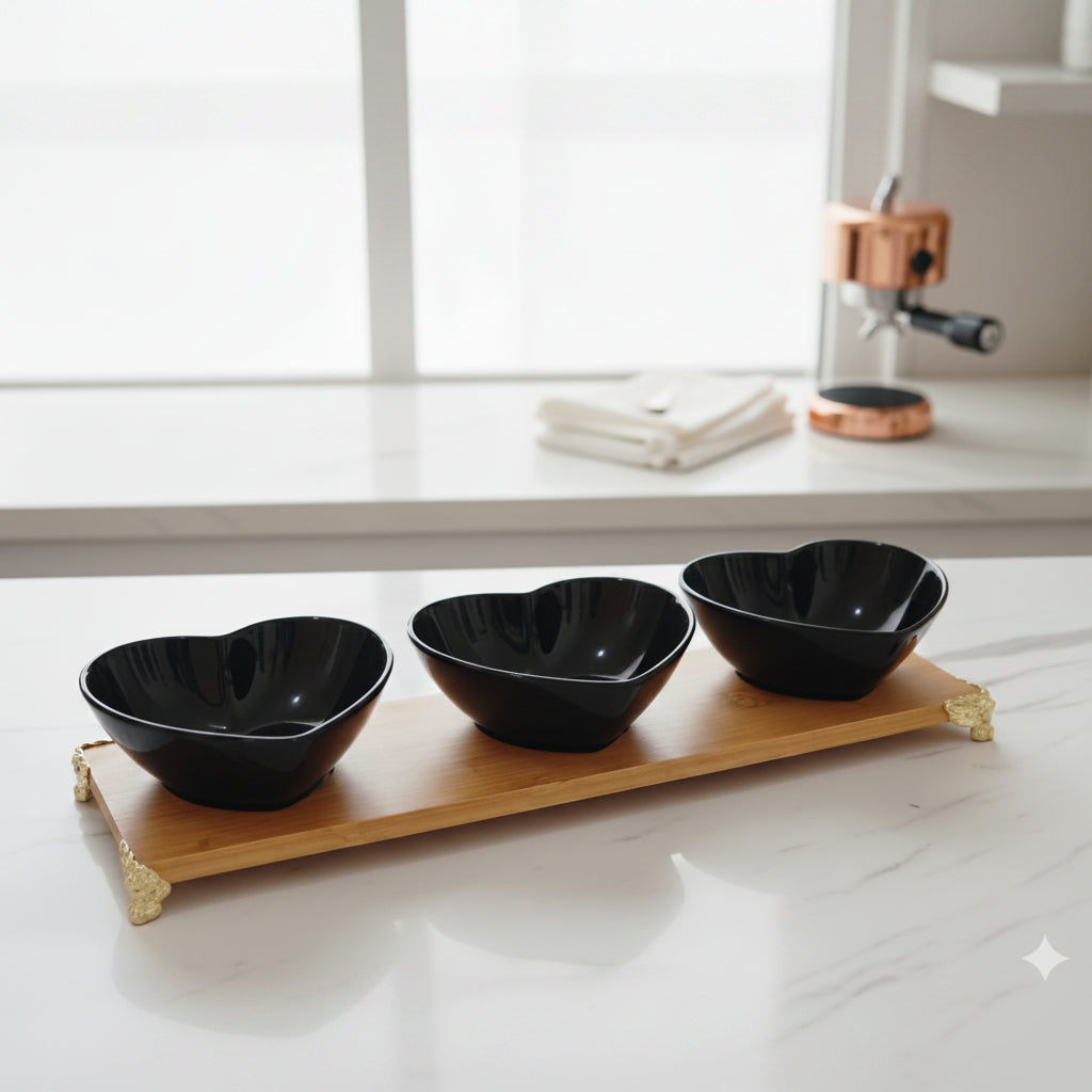 Three Heart-Shaped Ceramic Bowls with Bamboo Tray
