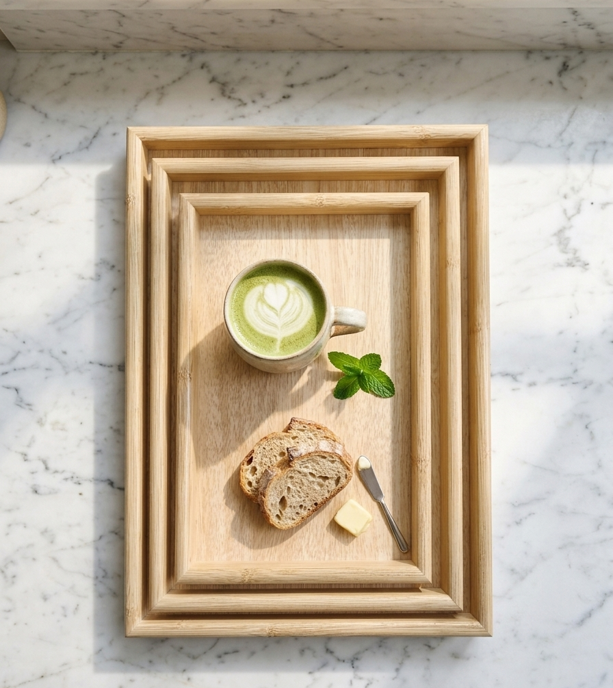 Gemelli Colllection 3 piece rectangular bamboo tray set serving trays natural wood eco friendly home decor trays 40x30 35x25 30x20 kitchen dining coffee table organiser trays