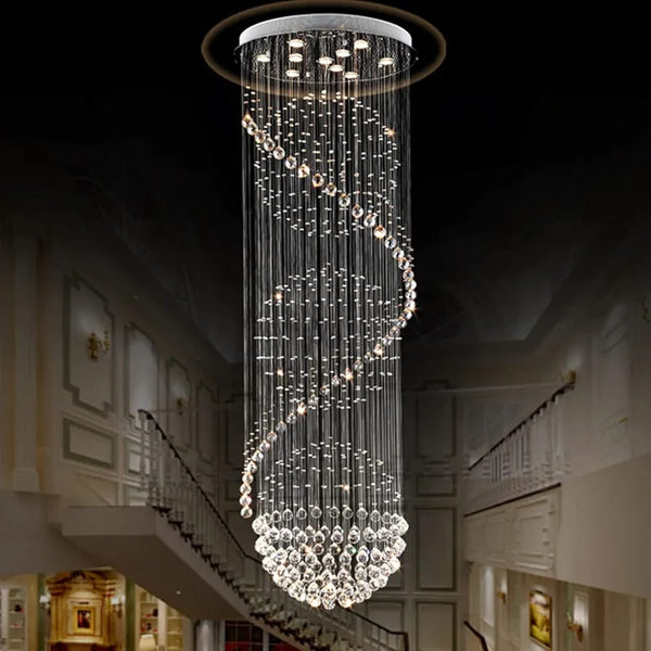 Spiral crystal rain chandelier with cascading K9 crystal beads and balls suspended on steel cables forming a dramatic waterfall effect for double-height spaces.