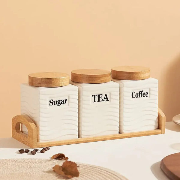 Gemelli Collection square shape ceramic canister used for luxury tea and sugar storage in kitchen