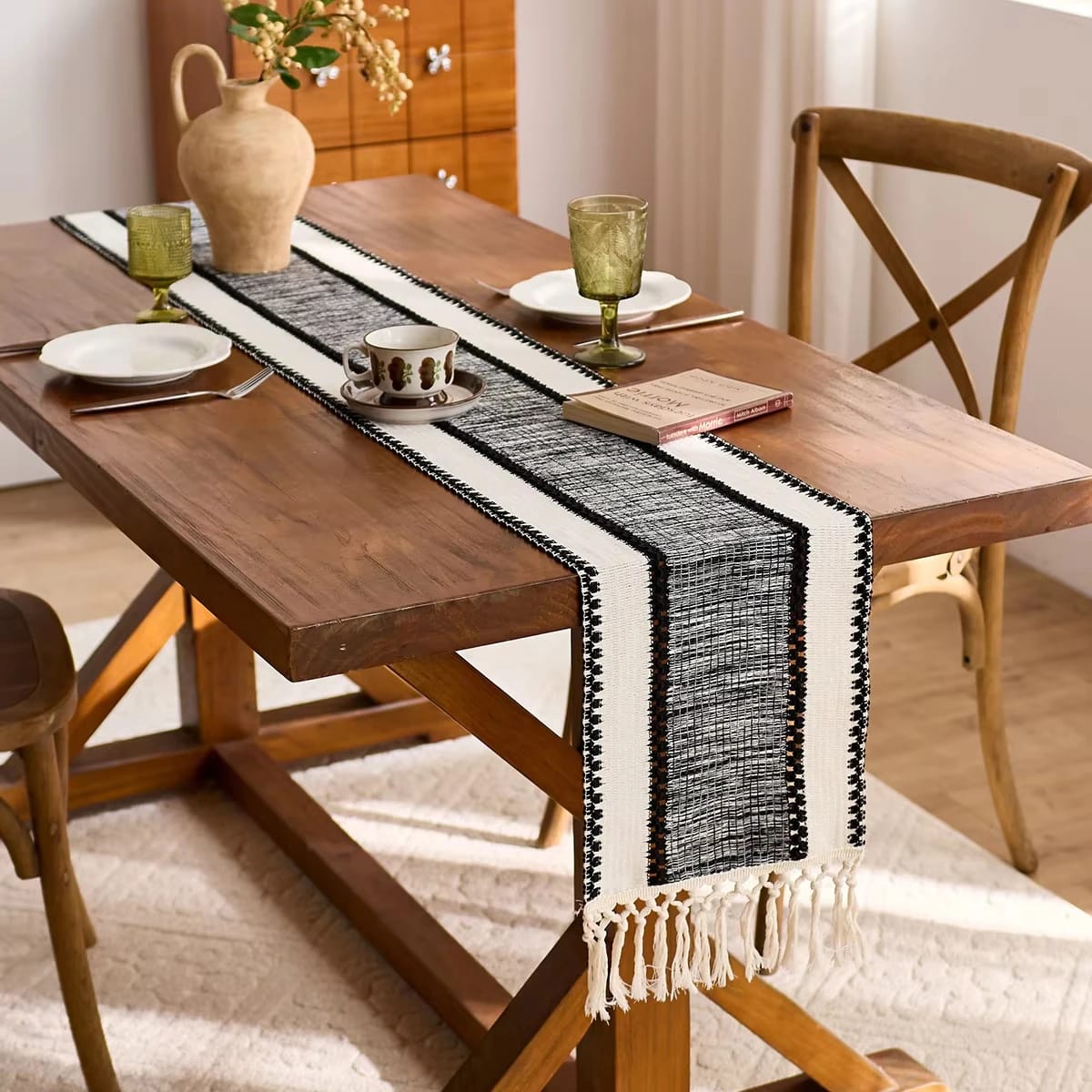 Bohemian style table runner with decorative tassels measuring 240cm in black and beige for dining table and home décor styling