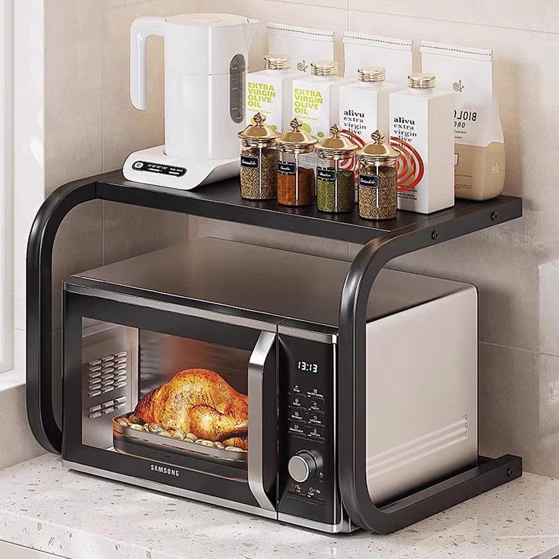 1 tier metallic microwave organiser shelf with heavy duty black metal frame and curved side supports for kitchen countertop storage and appliance organisation