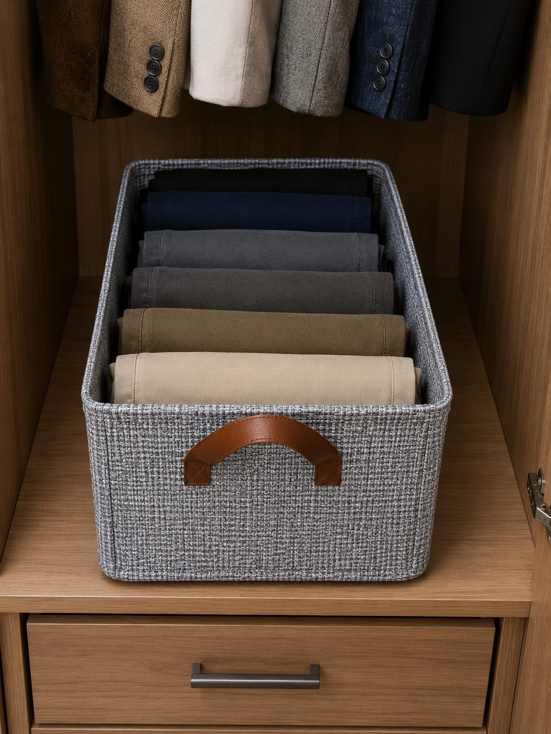 Collapsible fabric jean organiser storage box with a structured design for organising clothes, blankets and laundry in wardrobes and closets