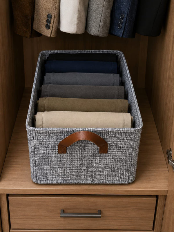 Collapsible fabric jean organiser storage box with a structured design for organising clothes, blankets and laundry in wardrobes and closets