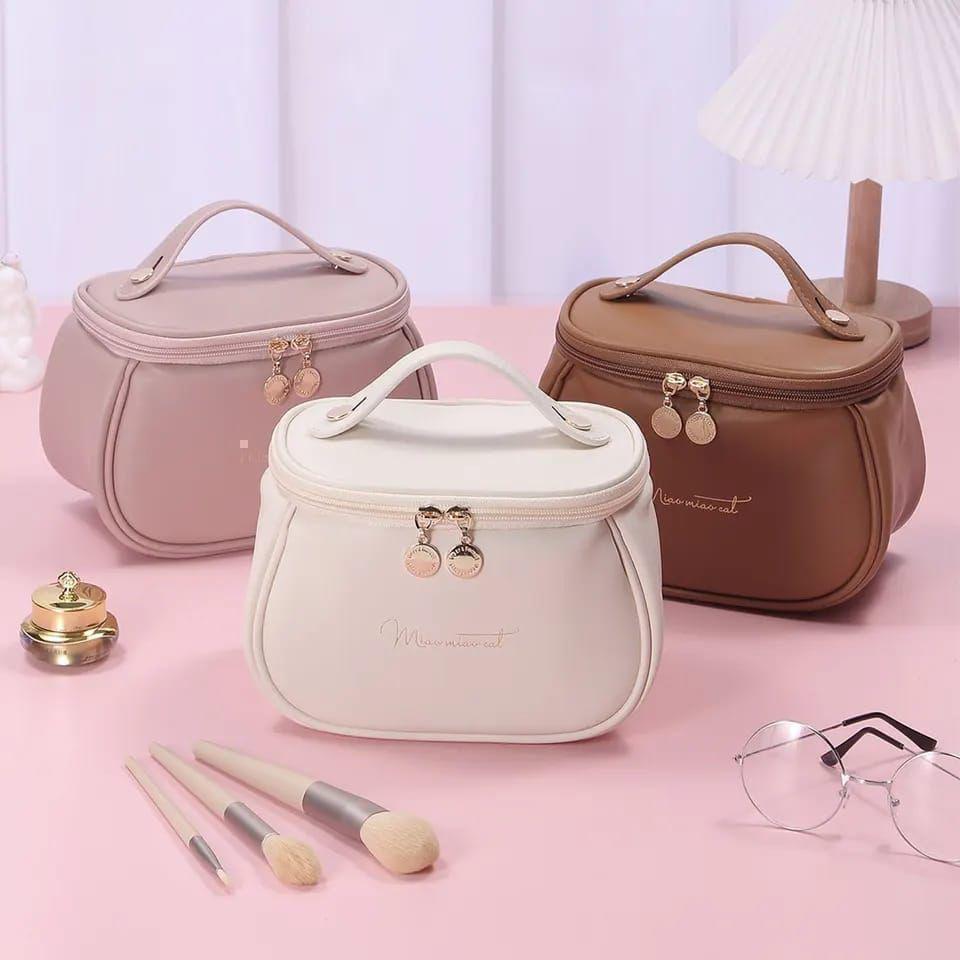 Portable Large Leather Makeup Bag with Handle – Travel and Camping Accessories, Rose Pink, Cream White, Brown 
