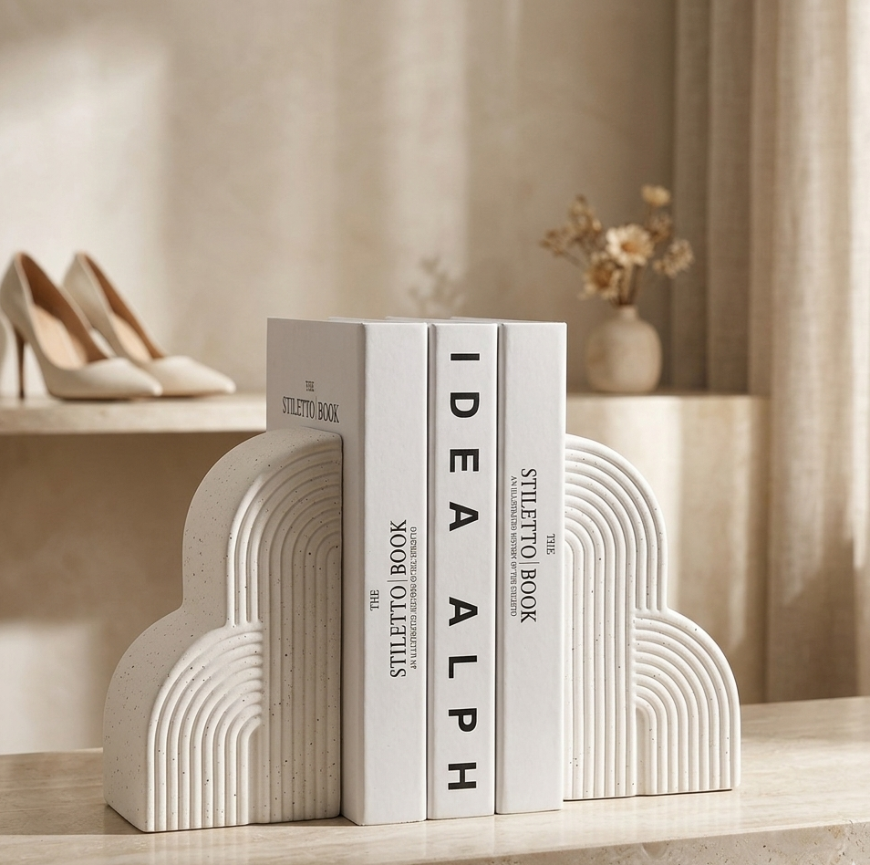 Two-piece modern decorative bookend set with curved arch design for home and office décor
