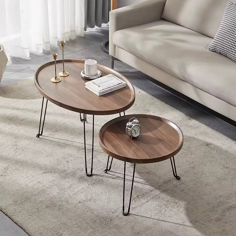 Gemelli Collections foldable 2 in 1 nesting coffee table set with walnut finish, foldable metal legs and large and small tables.