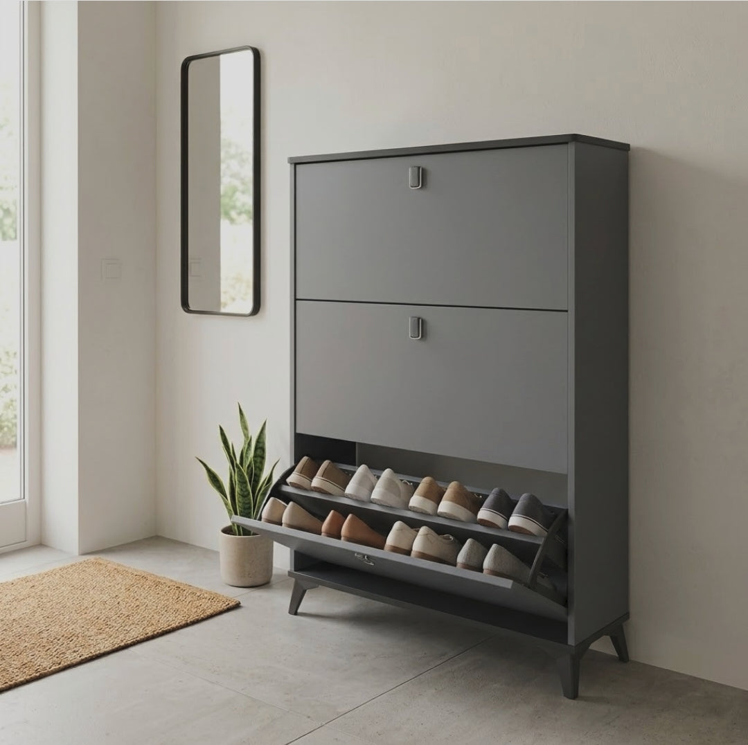 Gemelli Collections bucket flip shoe rack cabinet 120 x 90 x 24 cm with spacious storage and flip doors for bedroom entryway hallway and wardrobe organisation.