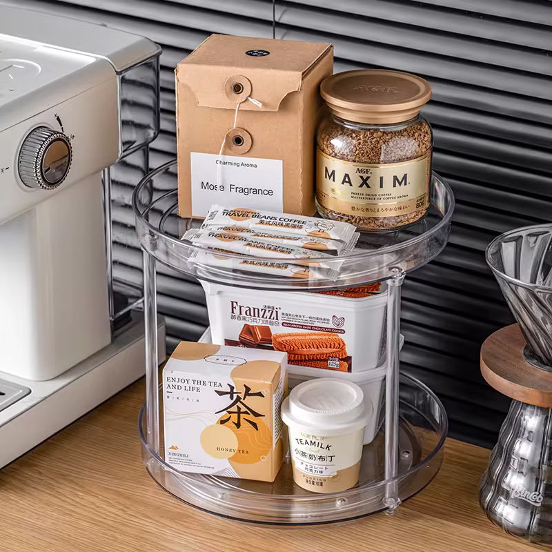 2 layer 360 degree rotating cabinet turntable organiser with anti-skid base lazy Susan spice rack cosmetic organiser for kitchen cabinet pantry bathroom and vanity storage.