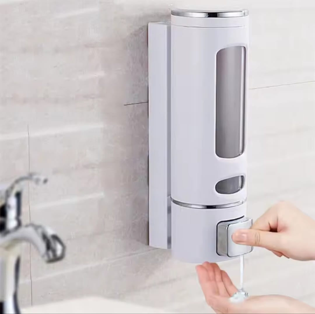 400ml white single-head wall-mounted soap dispenser with adhesive non-perforating installation, measuring 6.8 x 9 x 22cm for soap, shampoo, conditioner, and handwashing liquid