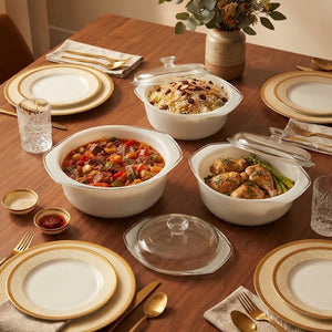 3-piece white casserole dish set with gold rim for cooking serving and food storage