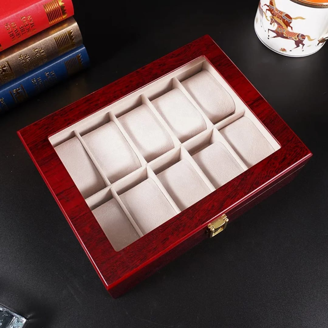12 Slot Wooden Watch Organiser Box with Glass Top