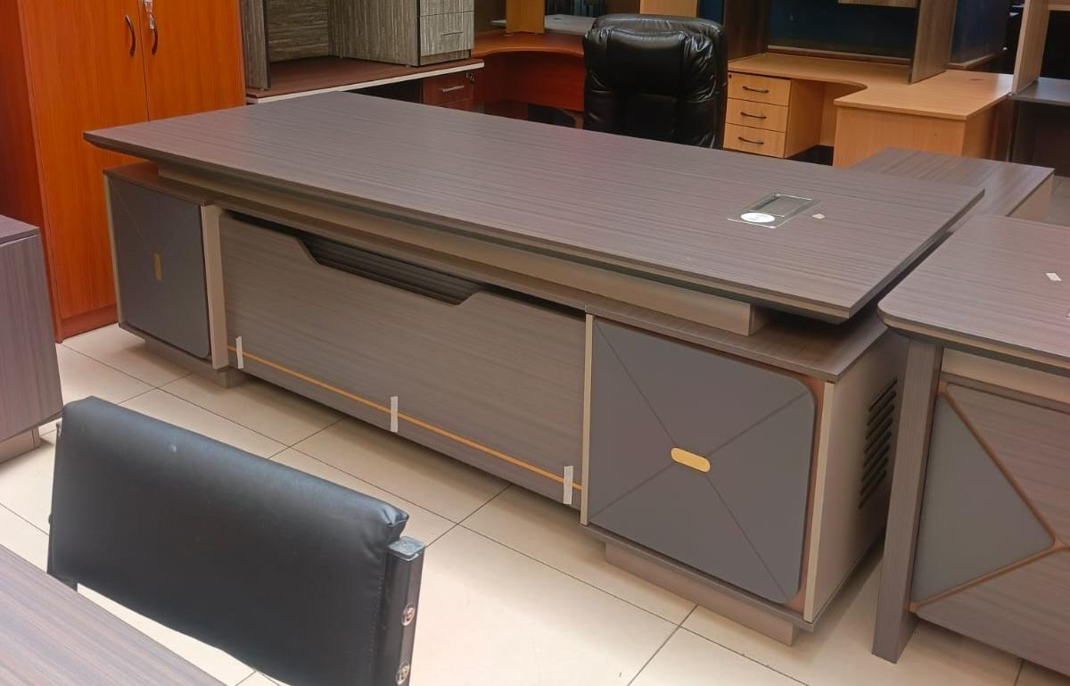 2.4m L shaped executive office desk with side return storage cabinets grey oak finish workstation