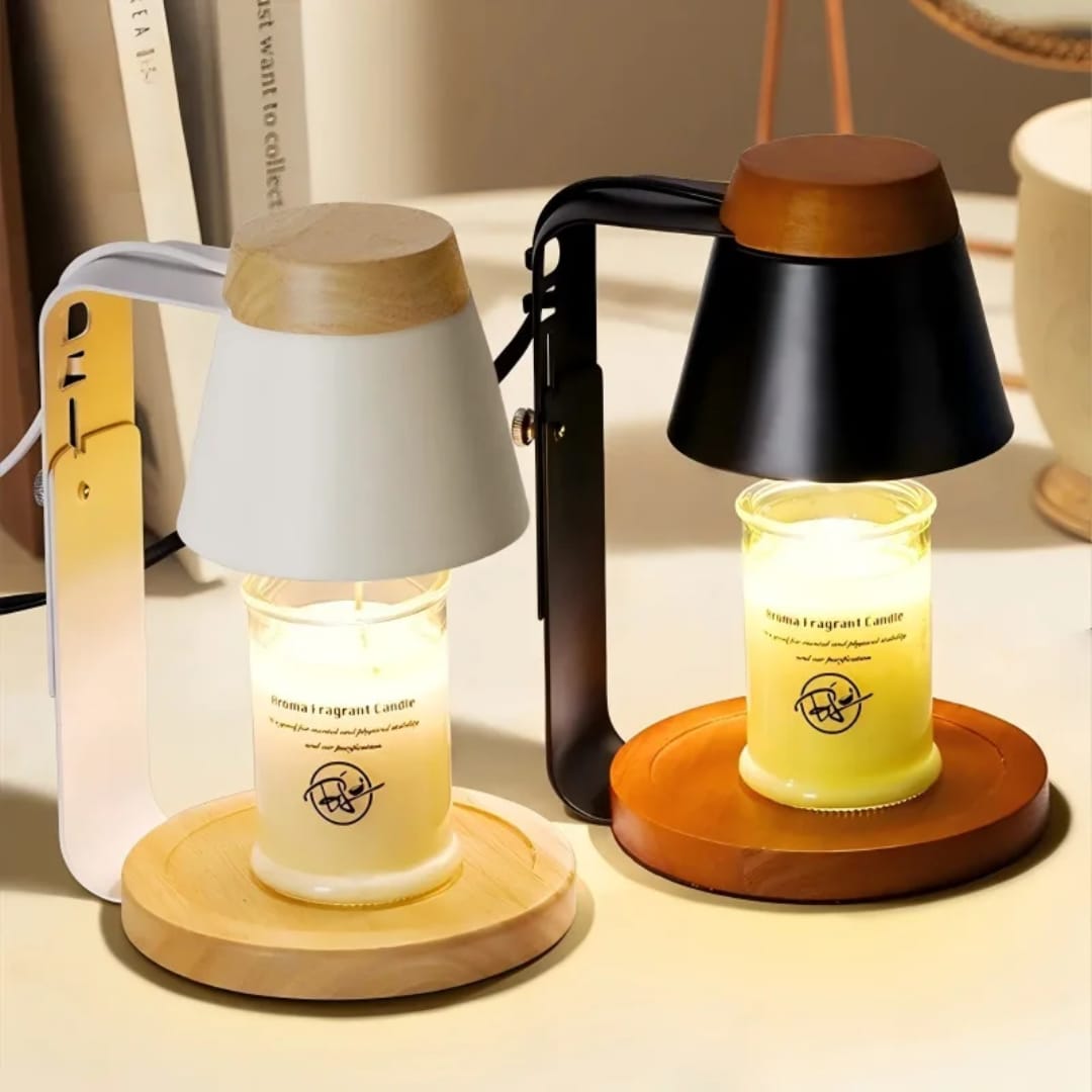 Electric candle warmer with bamboo base and top, dimmable lighting, and flame-free candle warming design available in black and white.
