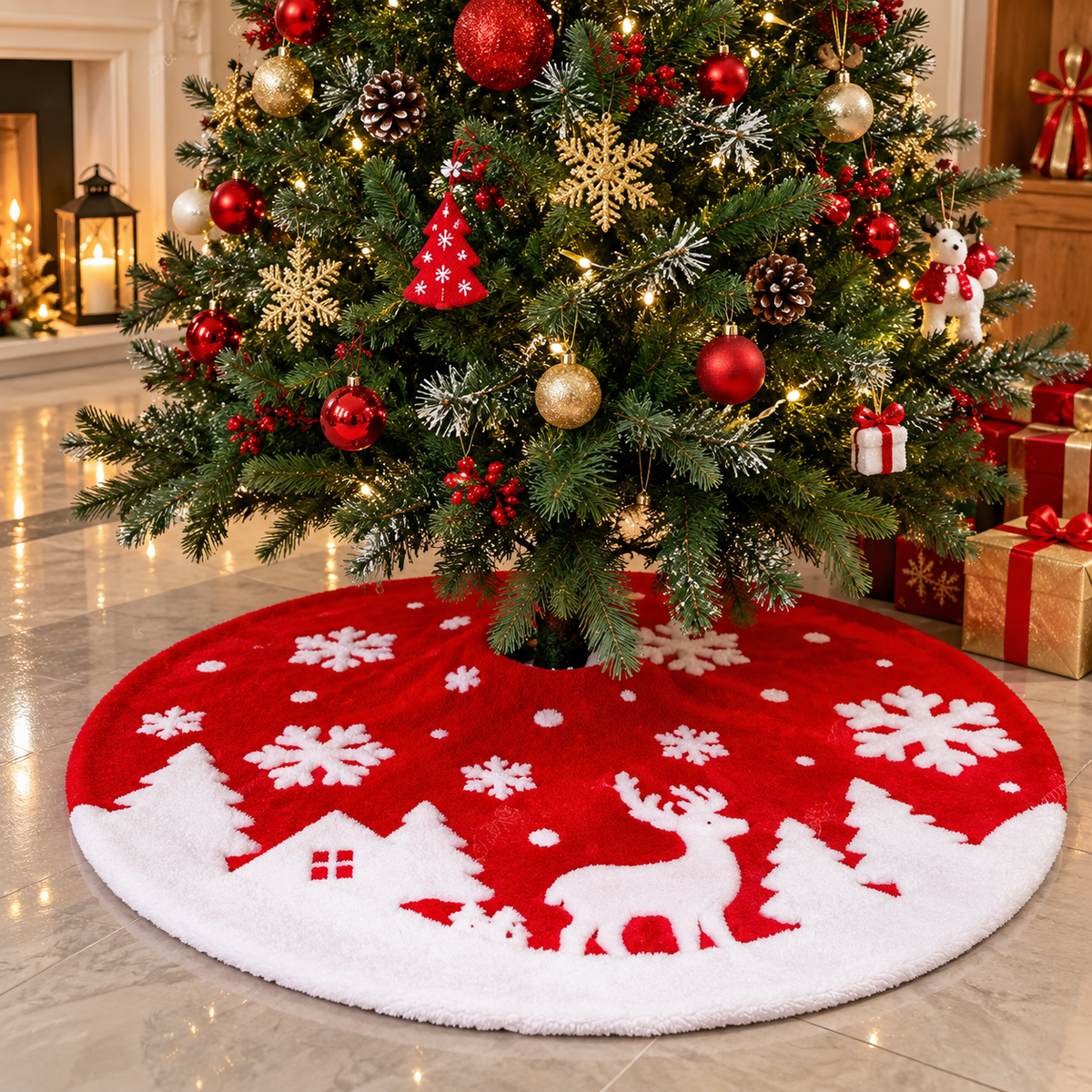 90 × 90cm Christmas Tree Skirt Red and White Snowflake Reindeer Design