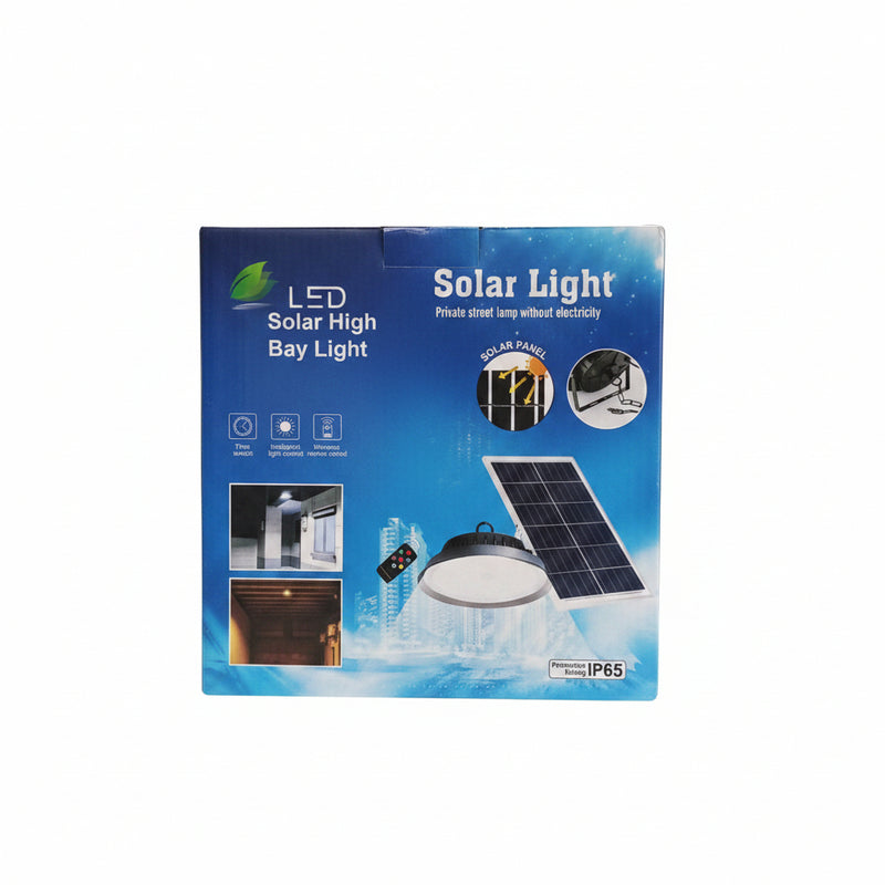 Gemelli Collections 50W and 100W solar high bay light with high-efficiency solar panel and bright LED illumination for warehouses, garages, workshops, and outdoor security lighting. 