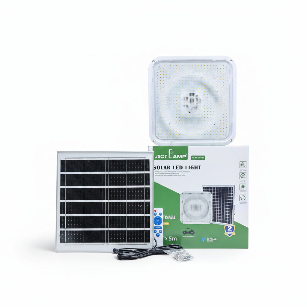 Gemelli Collections 500W square solar ceiling light with high-brightness LED illumination for homes, shops, garages, and outdoor spaces.