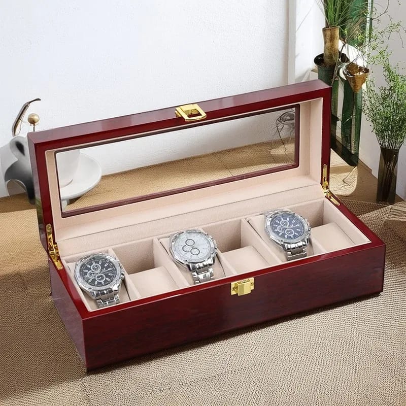 6-slot wooden watch organiser with glass top for displaying and protecting wristwatch collections while keeping accessories neatly organised