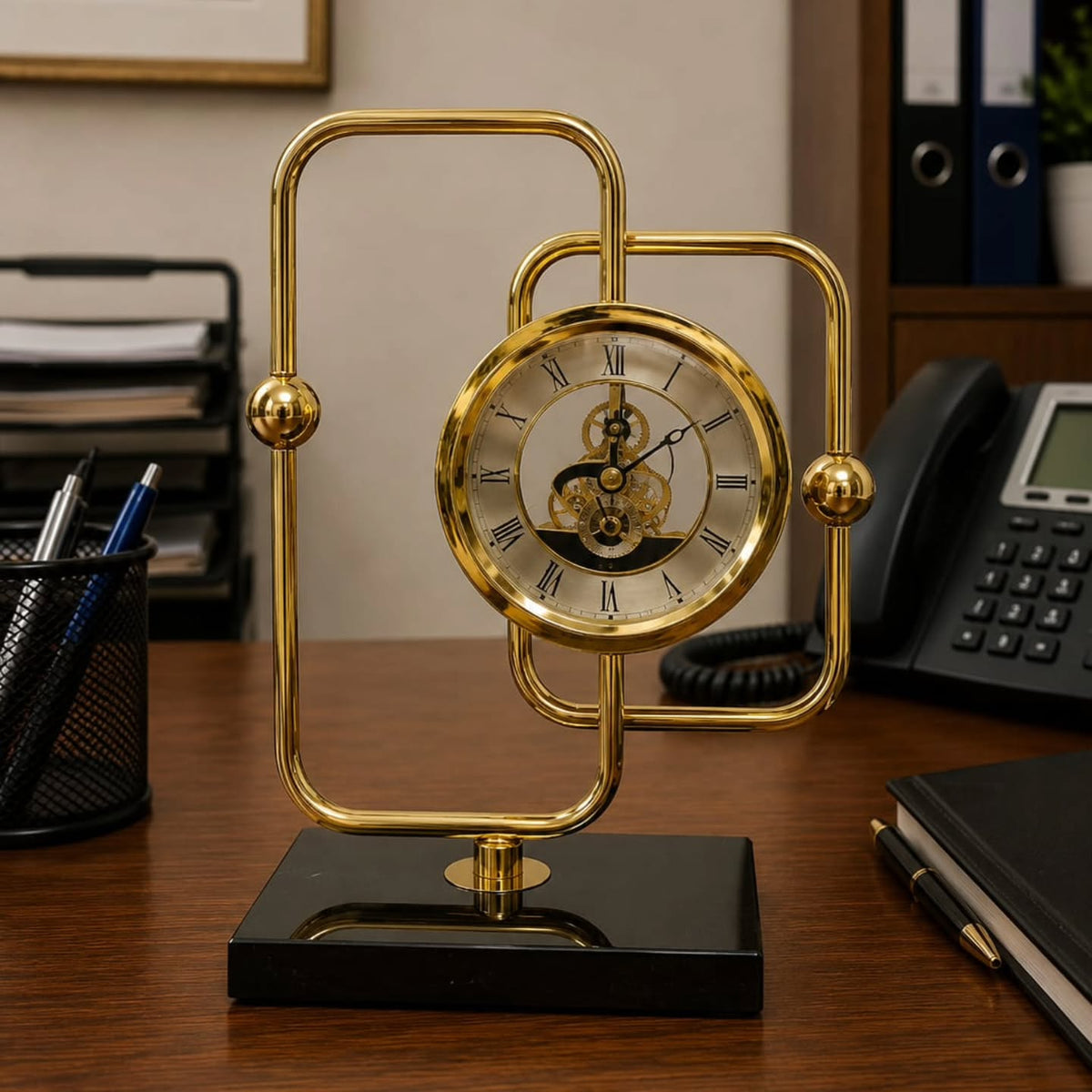 Gold Brass Desktop Clock with Marble Base
