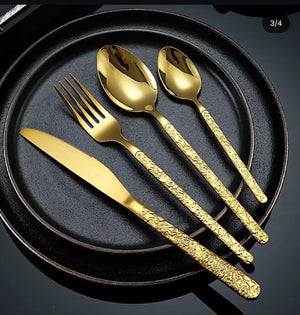 24-Piece Vintage Retro Stone Pattern Stainless Steel Cutlery Set