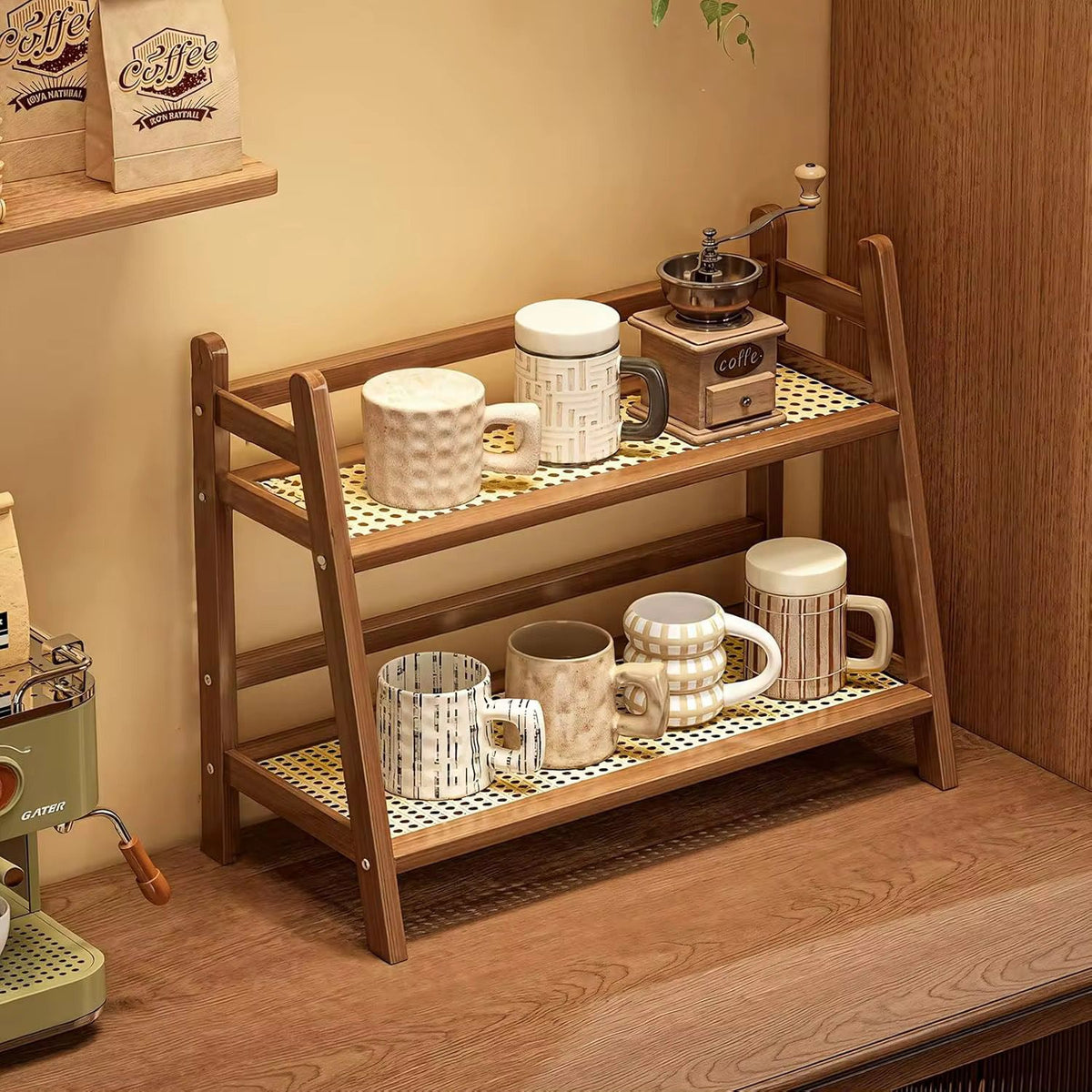 Gemelli Colllection wicker style bamboo countertop storage rack kitchen organiser shelf natural bamboo woven design kitchen storage rack pantry organiser light brown dark brown countertop storage unit