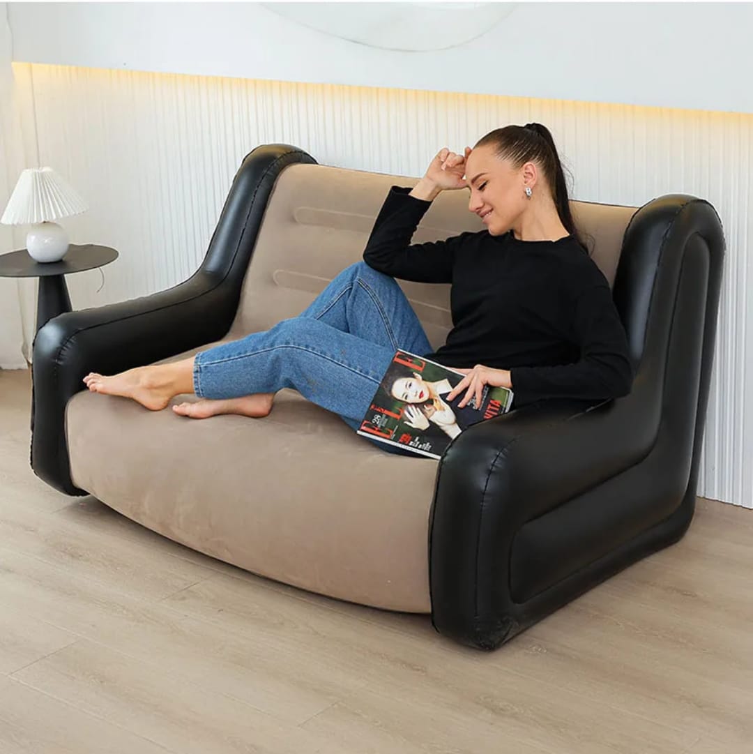 Inflatable Modern 2-Seater Sofa with Armrests 110x96x75cm – Portable PVC Lounge Sofa in Khaki with Pump