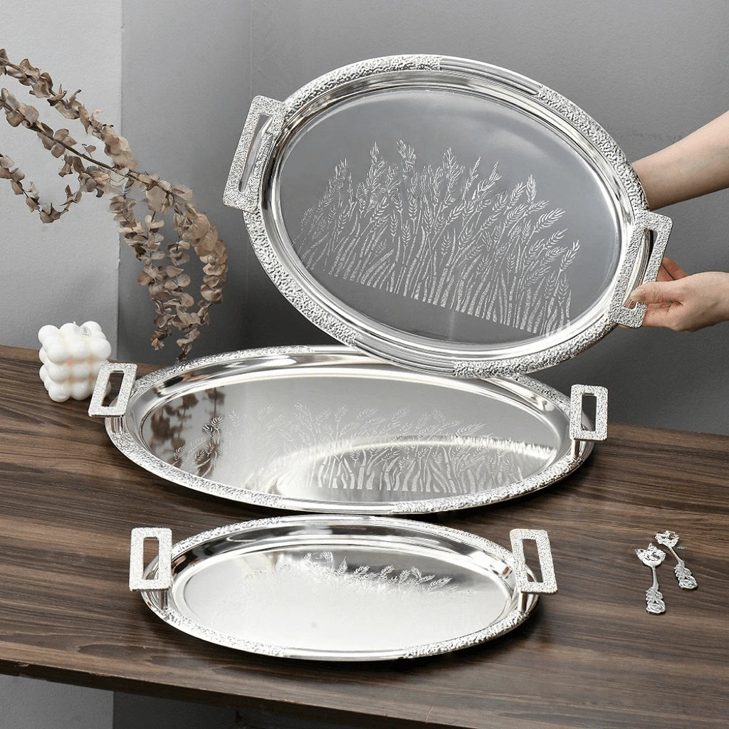 3 piece antique round silver double tone mirror polished metal tray set decorative serving trays in 40cm 35cm and 30cm sizes
