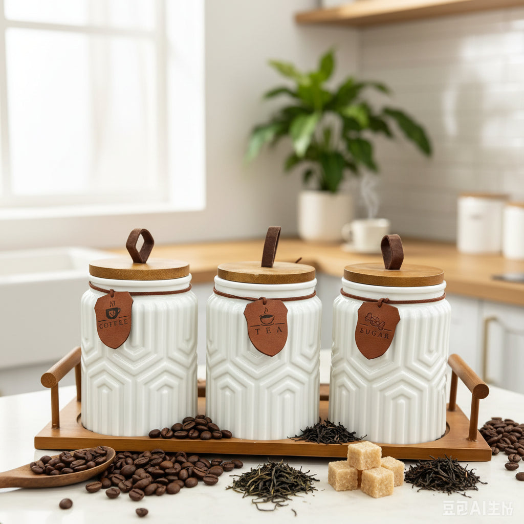 7 Piece Ceramic Storage Jar Set with Wooden Stand