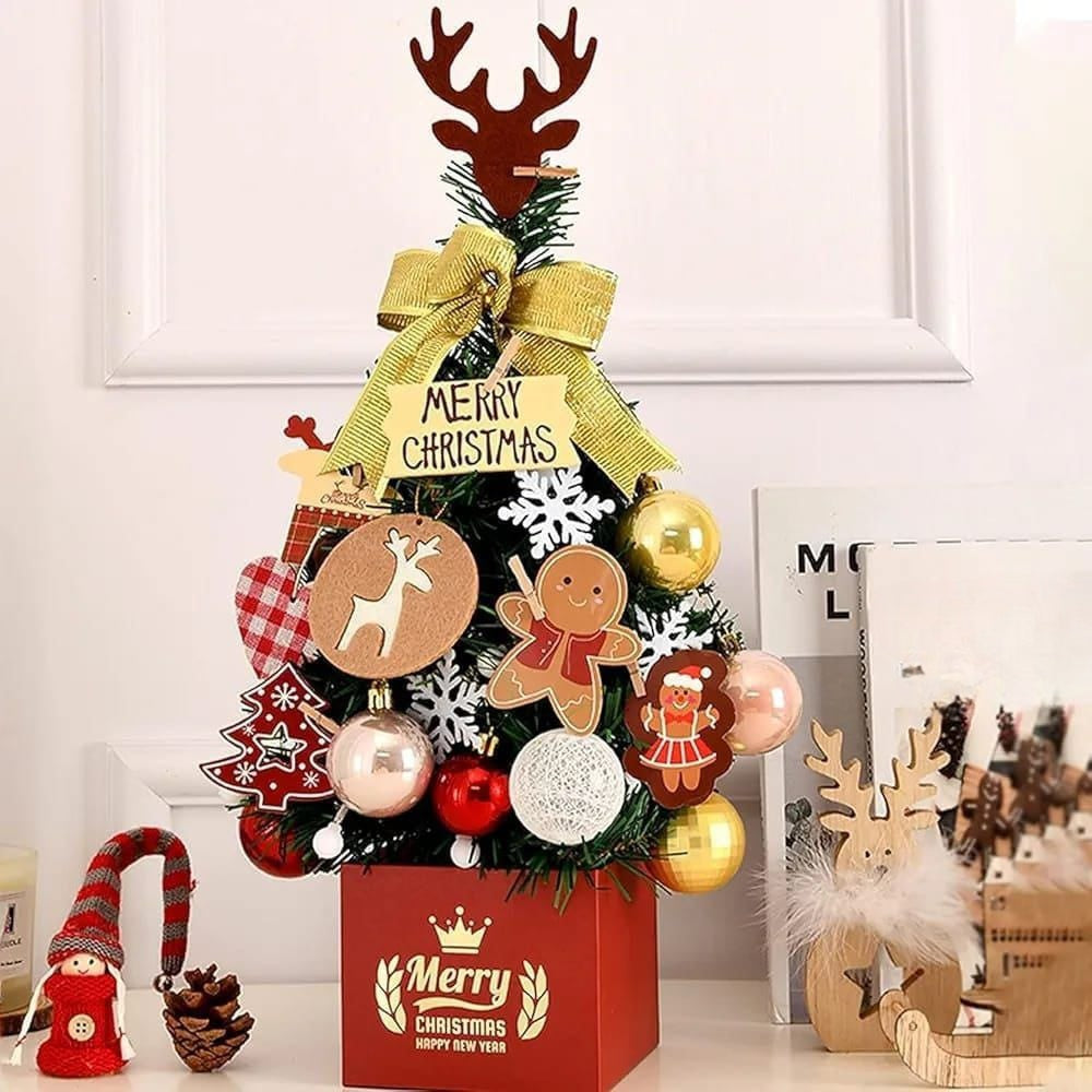 Desktop Christmas Tree with Ornaments and LED String Lights 45cm