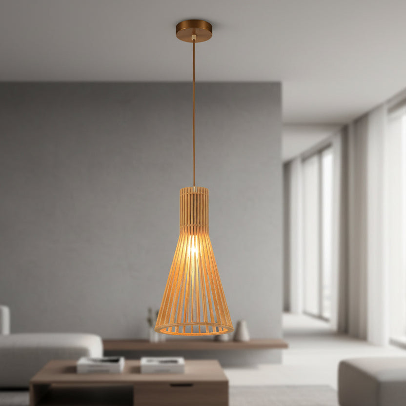 Tall wood finish pendant ceiling lamp with E27 holder and hanging cord for indoor lighting