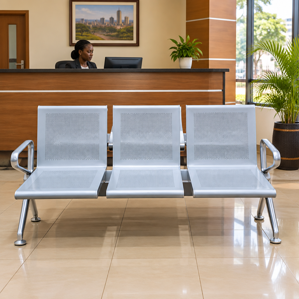 3-Seater Waiting Bay Bench, Silver Perforated Metal with Chrome Frame -Gemelli Collections