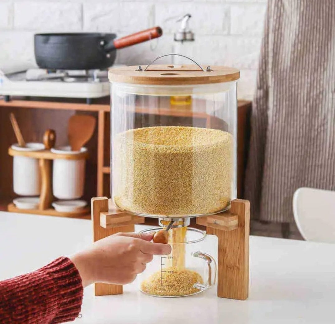 5L Airtight Glass & Bamboo Grain Storage Dispenser
