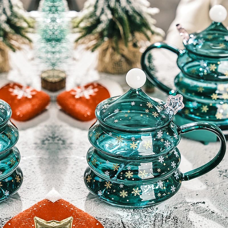 Christmas Snowflake Borosilicate Glass Cup with Lid and Spoon Gift Set 400ml