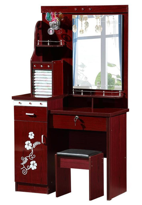 Mahogany Red Vanity Dressing Table with Mirror, Cabinet and Stool
