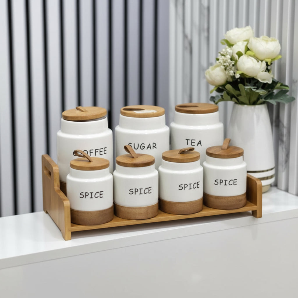 7 Piece Ceramic Canister Set with Wooden Stand