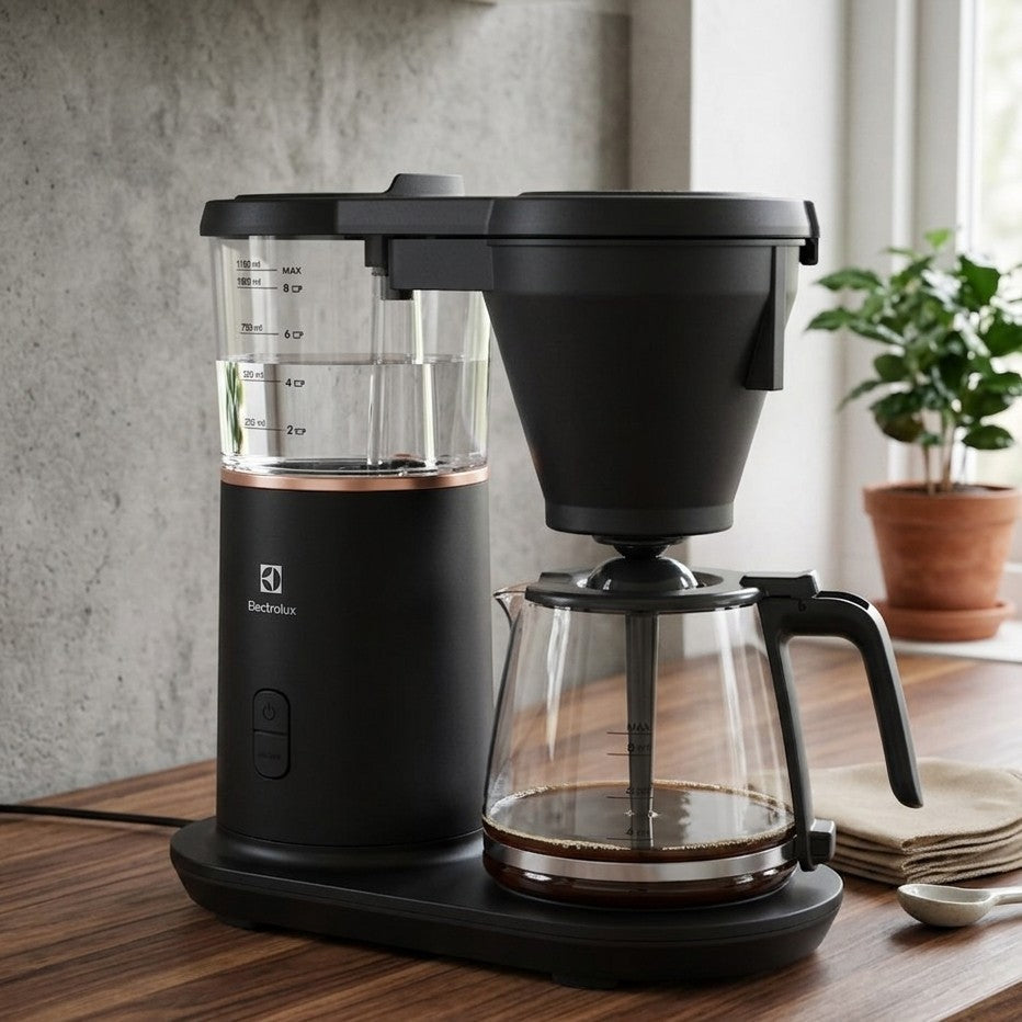 Electrolux Explore 7 1.1L coffee maker with AutoBloom showerhead and aroma strength selector for consistent brewing.