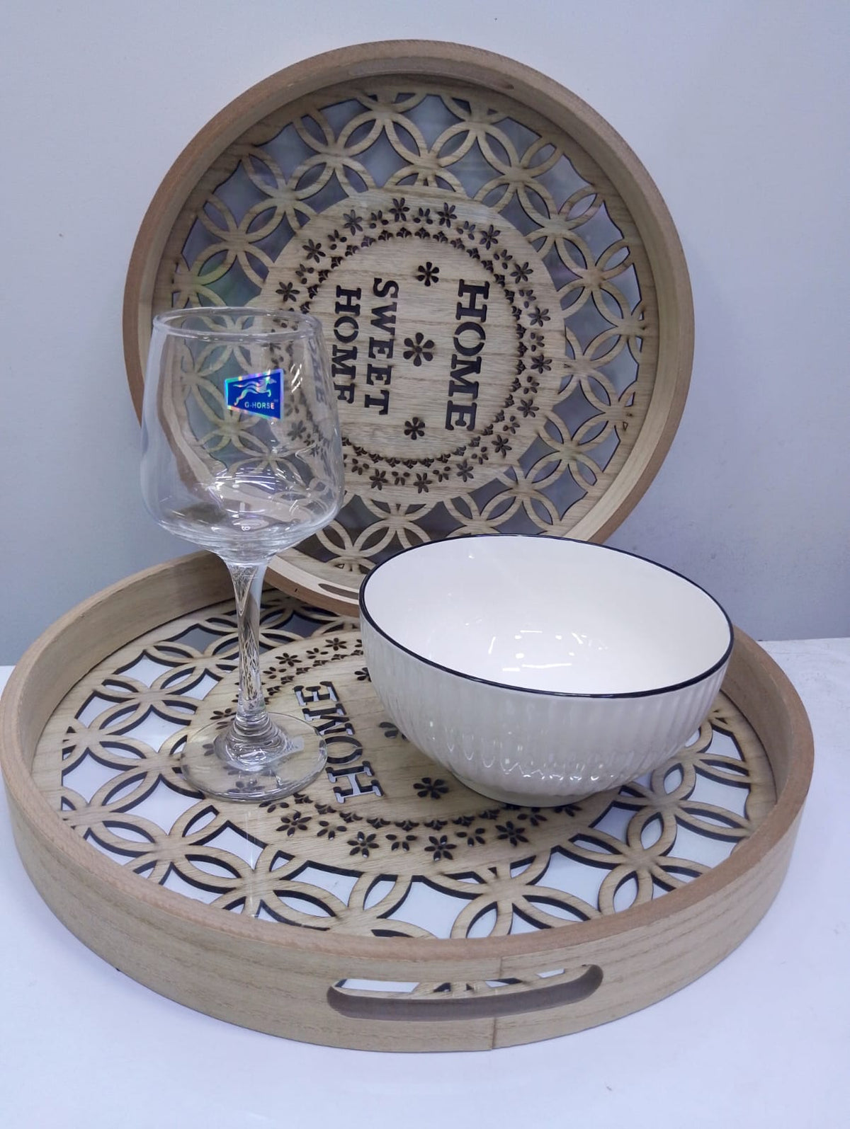 2 Piece Decorative Round Wood and Glass Tray Set