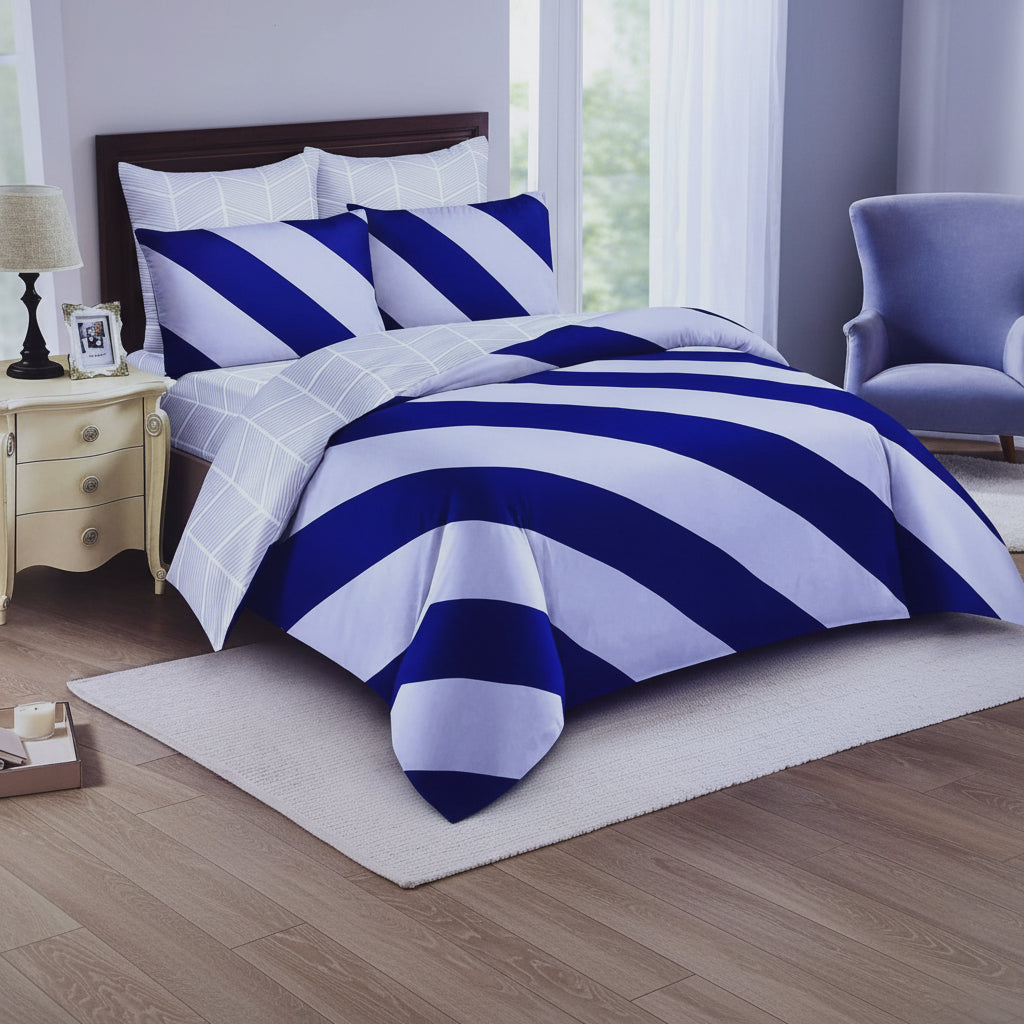 5x6 premium binded duvet set including one duvet, one bedsheet, and two pillowcases for a coordinated and organised bedroom setup.
