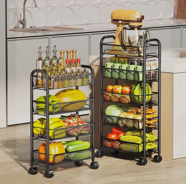 5-tier multifunctional storage rack with mesh baskets and lockable wheels, available in white and black for kitchen, bathroom, bedroom, office, pantry, and household organisation