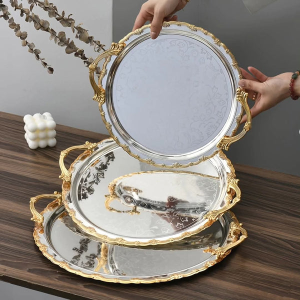 3pcs Round Gold-Plated Premium Serving Tray Set