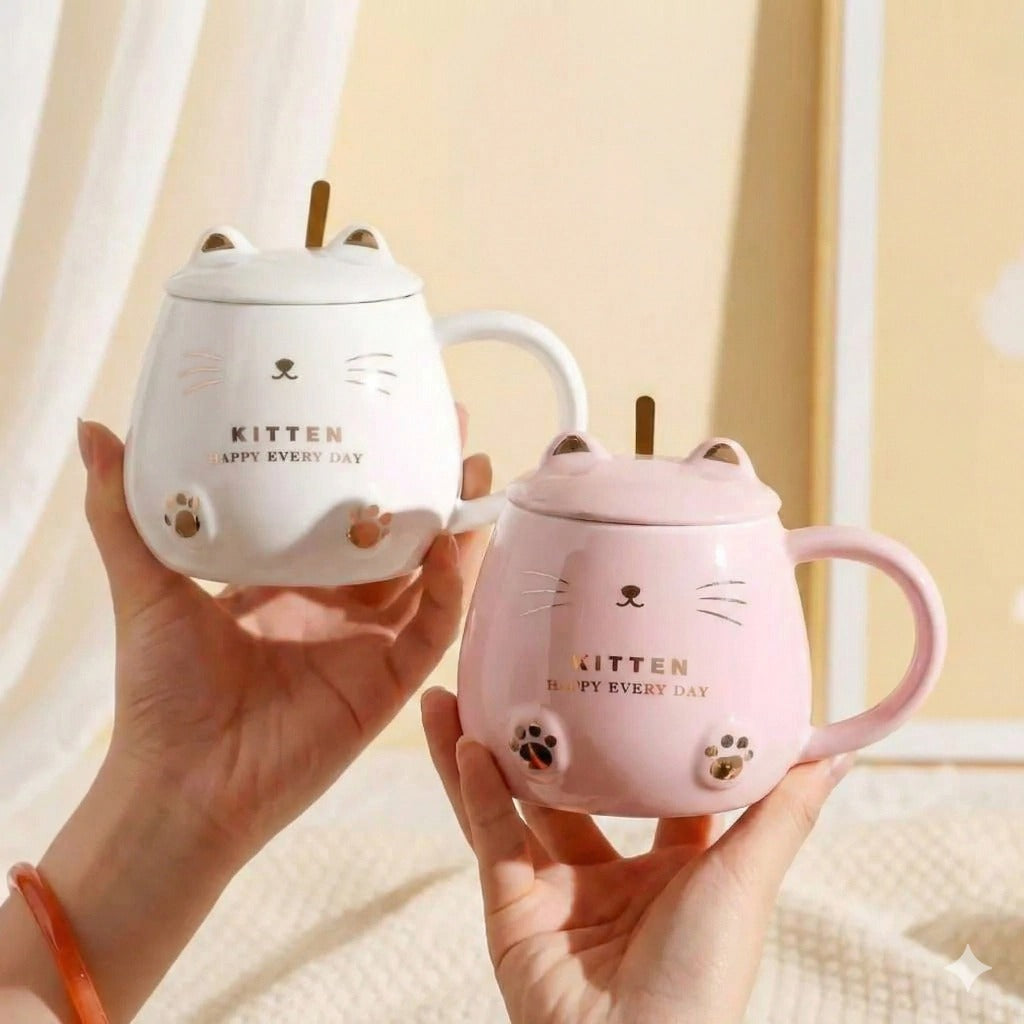 Glossy Kitten-Themed Coffee Mug with Lid and Spoon