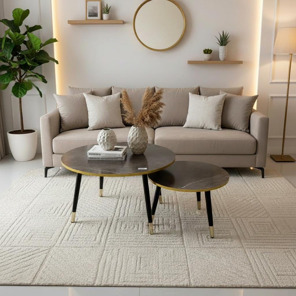 A modern living room setup featuring a beige fabric sofa with neutral throw pillows, two round nesting coffee tables with dark stone tops and gold/brass legs, a textured cream area rug, and a large potted green plant against a warm off-white wall.