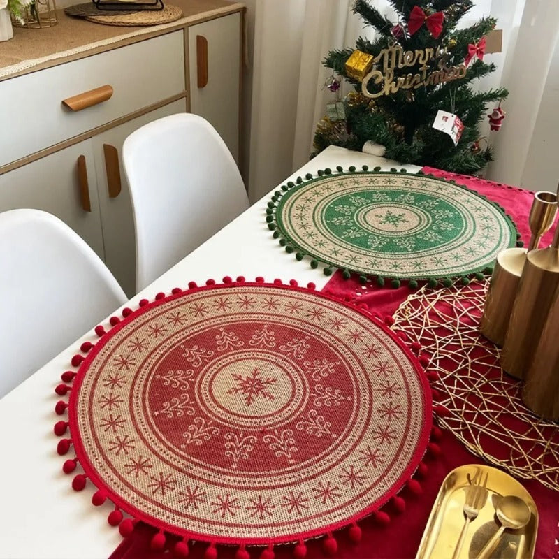 Set of 3 Round Jute Christmas Table Mats with Pom Pom Trim