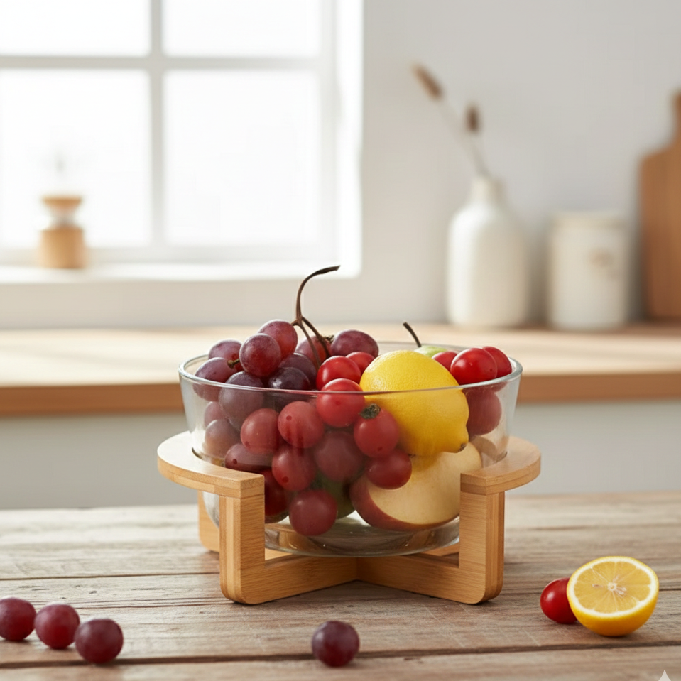 Borosilicate Glass Salad Bowl with Wooden Base, Durable and Stylish Kitchenware