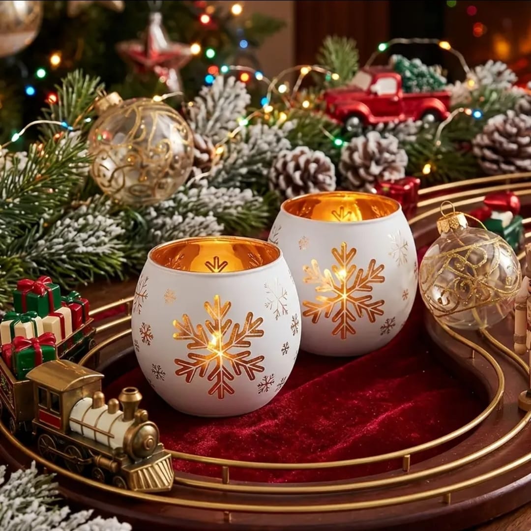 2 Piece Glass Snowflake Tealight Candle Holder Set with Snowman or Father Christmas print - available in Nairobi, Kenya